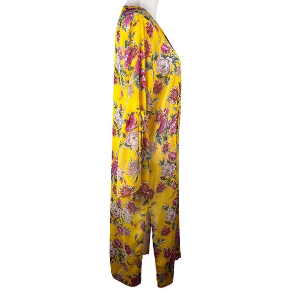Band Of Gypsies Floral Kaftan Coverup Swim Kimono Yellow Pink Large Tie Closure - Picture 11 of 16